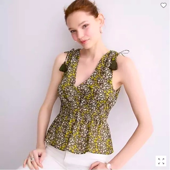 J. Crew V-neck Cotton Voile Top Green Floral Stripe Sleeveless Peplum Small - Picture 2 of 8